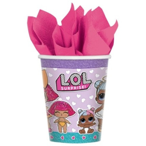 Brightly colored LOL Surprise cups, pack of 8, perfect for kids' parties, holding 266ml for drinks or snacks.