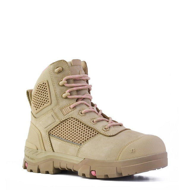 Stylish Bata Ladies Boots in sand color, combining safety features like carbon fiber toecap with lightweight comfort for adventure.