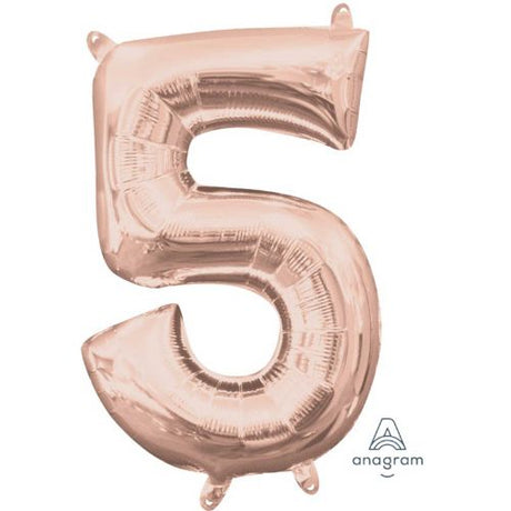 Rose gold foil balloon shaped like the number 5, measuring 40cm, perfect for birthdays and special celebrations.