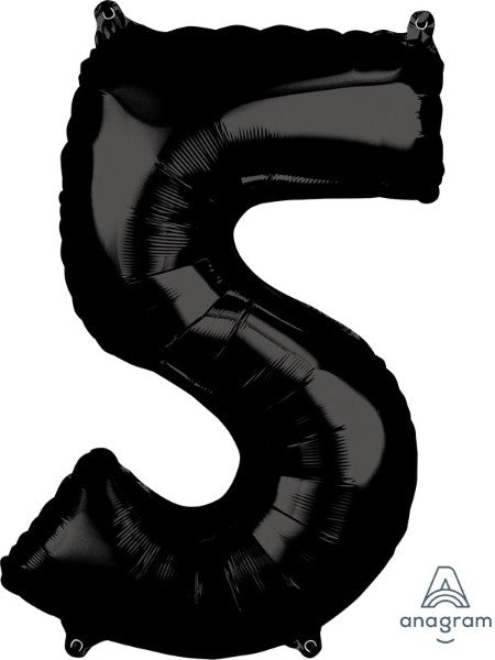 Mid-size black foil balloon shaped like numeral 5, ideal for birthdays and events, adds elegance to celebrations.