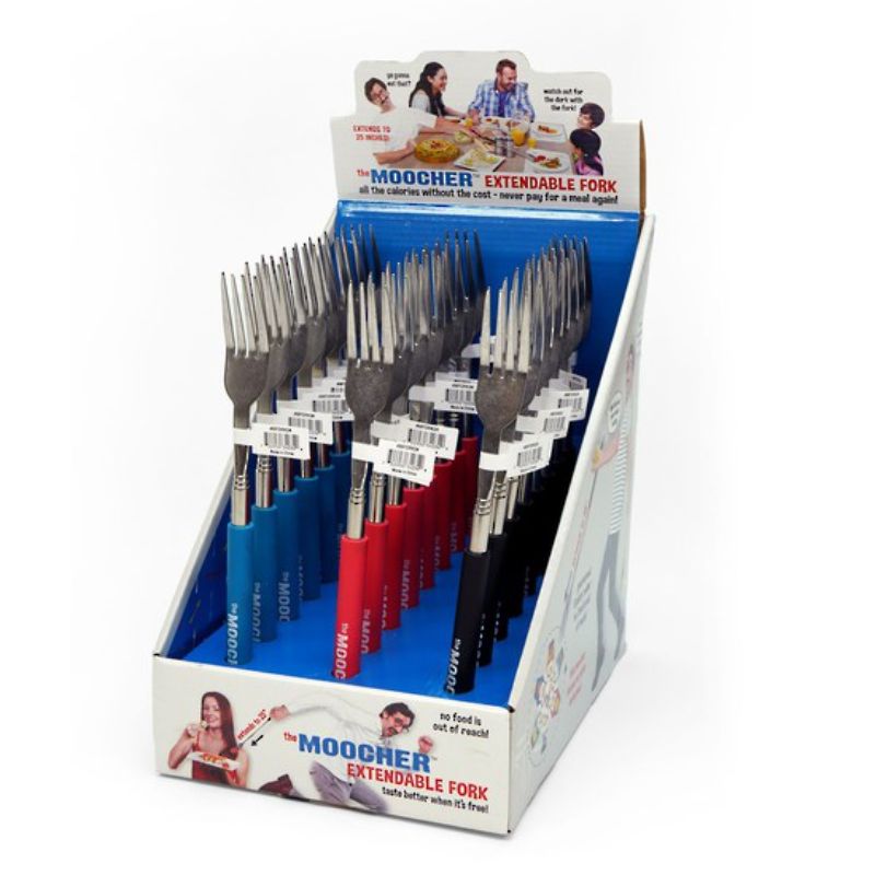 Colorful set of 24 Moocher extendable forks, each extending to 22.5 inches for fun food sharing at gatherings.