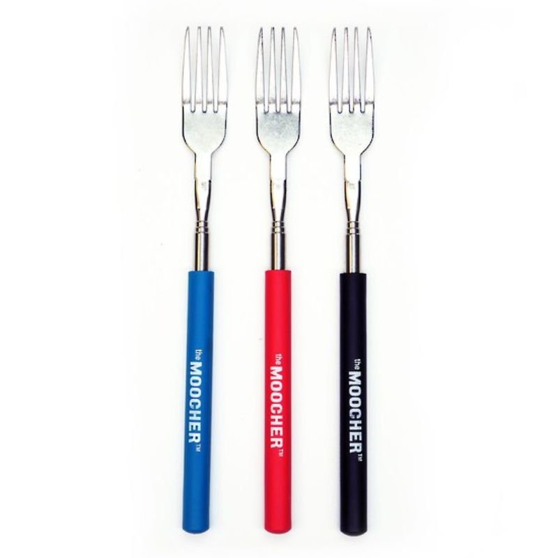 Colorful 24-piece set of extendable Moocher forks, reaching up to 22.5 inches, perfect for playful dining experiences.