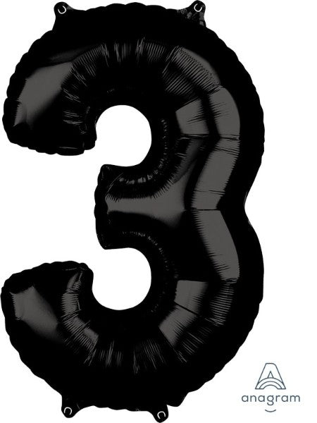 Black mid-size foil balloon shaped like the numeral 3, perfect for celebrations like birthdays and anniversaries.