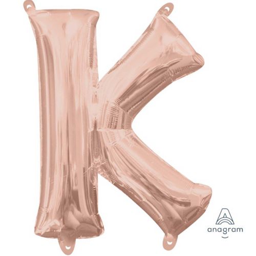 Rose gold letter K foil balloon, 40cm, self-sealing, perfect for elegant celebrations and personalized gifts.