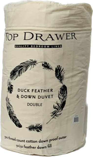 Luxurious double duvet inner with 50/50 white duck down and feather fill for optimal warmth and comfort.
