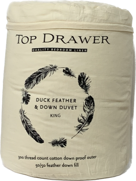 Luxurious King duvet inner made of 50% duck down, 50% feather; breathable, lightweight, ideal for year-round comfort.