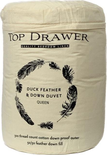 Queen size Top Drawer duvet inner featuring 50/50 white duck down and small feathers in a soft, durable 300TC cotton cover.