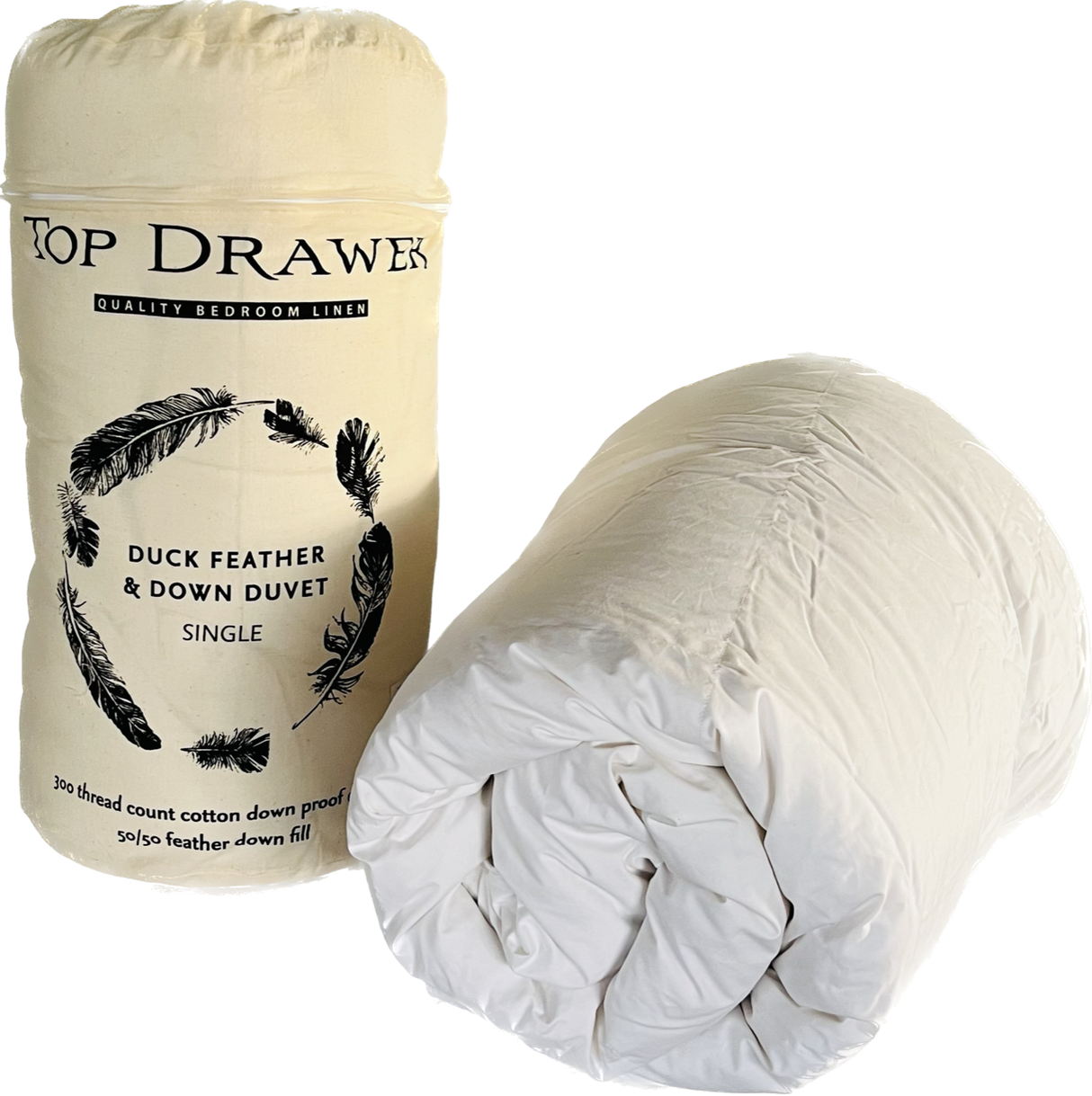 Luxurious single duvet inner with 50/50 feather and down fill, 300TC cotton cover, offering warmth and breathability.