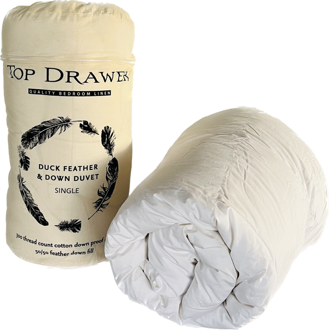 Luxurious single duvet inner with 50/50 feather and down fill, 300TC cotton cover, offering warmth and breathability.