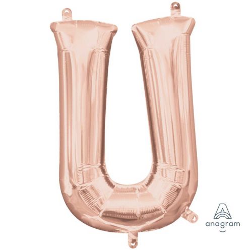 Rose gold foil balloon in the shape of letter U, 40cm, perfect for celebrations and easy to inflate.