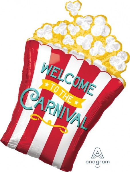 Vibrant supershape foil balloon designed like carnival popcorn, perfect for festive celebrations and party decor.