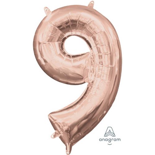 Rose gold number 9 foil balloon, 40cm, perfect for elegant celebrations and memorable photo opportunities.