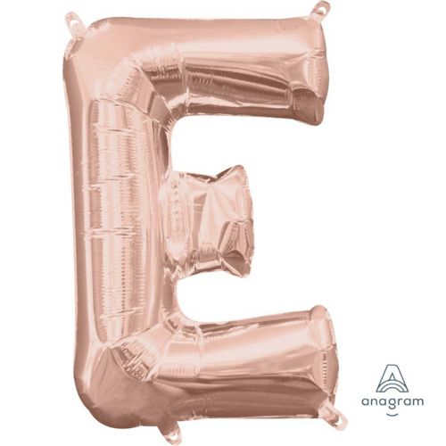 Rose gold foil balloon shaped like the letter E, 40cm, perfect for celebrations and adding elegance to decor.