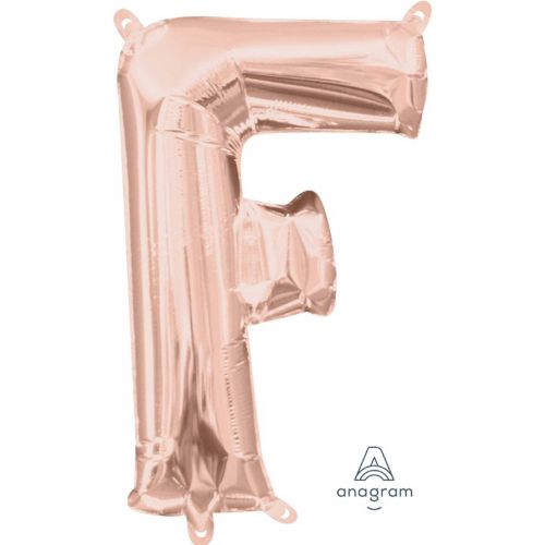 Rose gold foil balloon shaped like the letter F, 40cm, ideal for elegant party decor and celebrations.