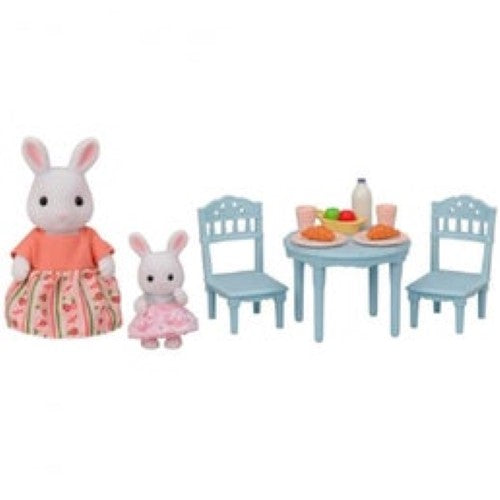 Sylvanian Families Snow Rabbit Mother and Baby set with breakfast table, accessories, and movable figures for imaginative play.