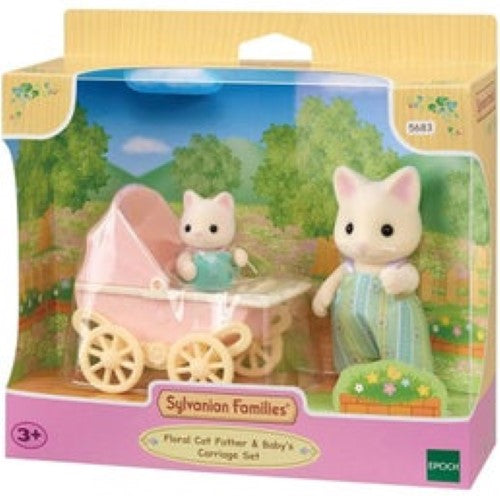 Sylvanian Families Floral Cat Father And Babys Carriage Set