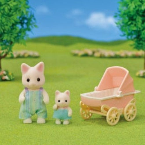 Floral Cat father and baby in a charming carriage set, perfect for imaginative play and storytelling adventures.