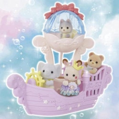 Colorful Sylvanian Families Baby Mermaid Castle playset featuring rides, accessories, and three adorable baby mermaids.