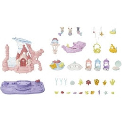 Adventure-filled baby mermaid castle with rides, three mermaid Sylvanian figures, and vibrant sea-themed accessories.