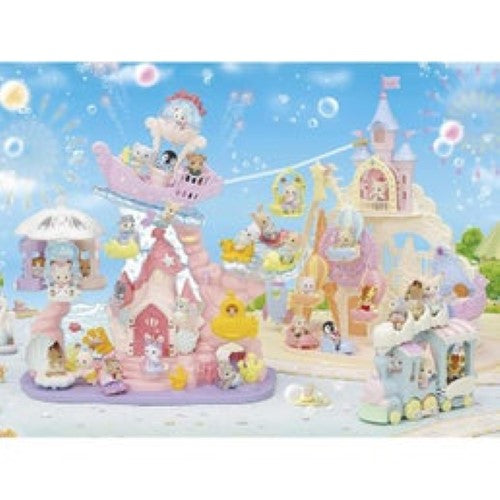 Colorful Sylvanian Families Baby Mermaid Castle with rides, accessories, and three baby mermaids for imaginative ocean play.