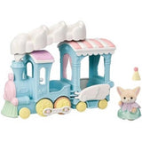 Colorful Sylvanian Families train with Yulie Fennec, featuring turning wheels and a puffing smoke funnel for imaginative adventures.