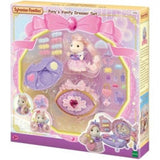 Sylvanian Families Pony's Vanity Dresser Set with Joy, featuring a compact mirror, colorful hair accessories, and a plush stool.