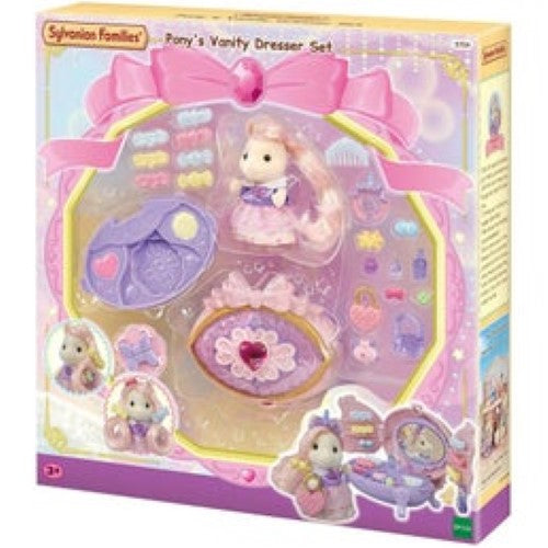 Sylvanian Families Pony's Vanity Dresser Set with Joy, featuring a compact mirror, colorful hair accessories, and a plush stool.