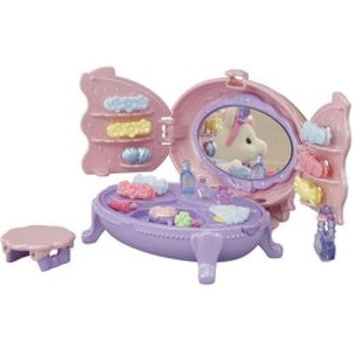 Sylvanian Families Pony's Vanity Dresser Set featuring Joy, with hair accessories and a multifunctional mirror dresser.