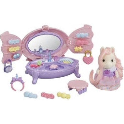 Sylvanian Families Pony Vanity Dresser Set with Joy, featuring a convertible compact mirror and various hair accessories for imaginative play.