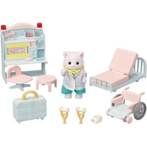 Sylvanian Families Village Doctor Set with Persian Cat mother, exam table, medical tools, and accessories for imaginative play.