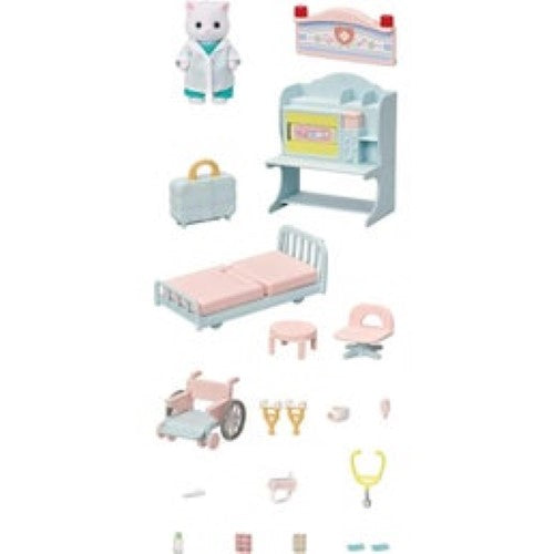 Sylvanian Families Village Doctor Set features Doctor Dawn with medical tools, examination table, and patient care accessories.