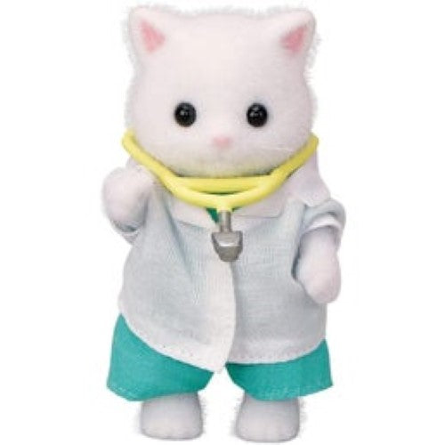 Sylvanian Families Village Doctor Set with Persian Cat Doctor, medical tools, and examination furniture for imaginative play.