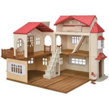 Sylvanian Families Red Roof Country Home featuring an attic playroom, four rooms, and three working lights for imaginative play.