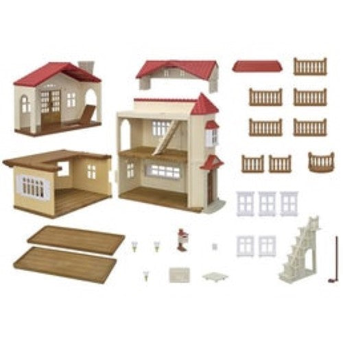 Sylvanian Families Red Roof Country Home with secret attic playroom featuring slide-out ladder, multiple configurations, and lights.