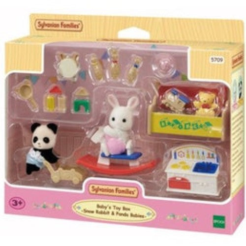 Colorful Sylvanian Families Toy Box set with Snow Rabbit baby Sophie and Panda baby Roy, plus engaging toys for imaginative play.