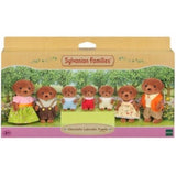 Chocolate Labrador Family set featuring five adorable figures in detailed clothing, perfect for imaginative play and storytelling.