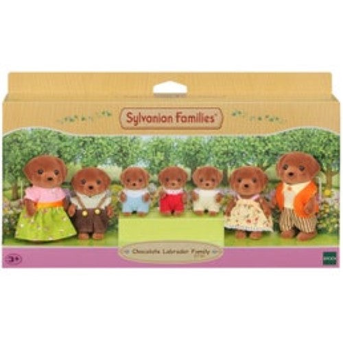 Chocolate Labrador Family set featuring five adorable figures in detailed clothing, perfect for imaginative play and storytelling.