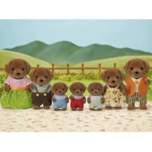 Chocolate Labrador Family set featuring Father, Mother, Boy, Girl, and three Babies in charming outfits, perfect for imaginative play.