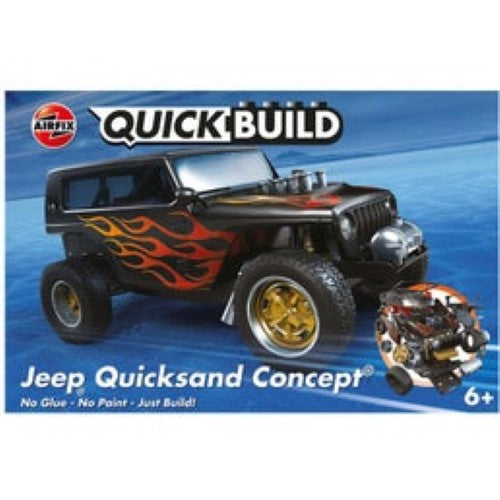 Colorful Airfix Quickbuild Jeep model kit for kids, featuring push-together bricks, stickers, and no glue or paint required.