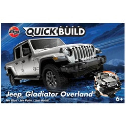 Airfix Quickbuild Jeep Gladiator Overland model kit with push-together bricks, designed for ages 6 and up, no glue needed.