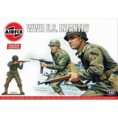 Airfix 1:32 WWII U.S. Infantry kit featuring 14 detailed figures, perfect for model-making and historical education.