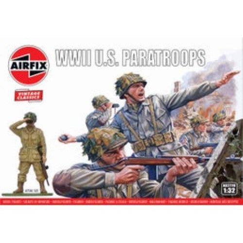 Detailed 1:32 scale model kit of 14 U.S. Paratroopers from WWII, ideal for collectors and beginner model makers.