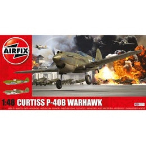 1:48 scale model of the Curtiss P-40B Warhawk, featuring shark-mouth artwork, ideal for aviation modelers aged 8 and up.