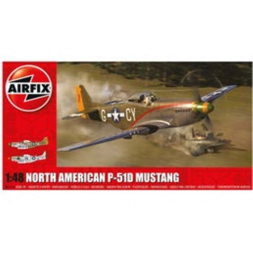 Model kit of the iconic Airfix 1/48 North American P-51D Mustang, showcasing WWII fighter details for builders aged 8 and up.