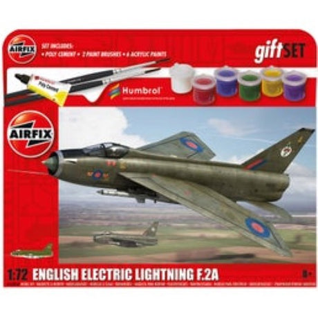 Airfix 1:72 English Electric Lightning F.2A model kit with detailed parts, decals, glue, paint, and brush for ages 8+.