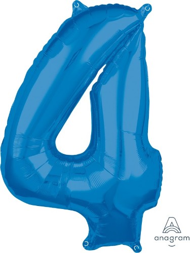 Mid-size blue numeral 4 balloon, perfect for celebrations, durable foil, ideal for indoor/outdoor decor.