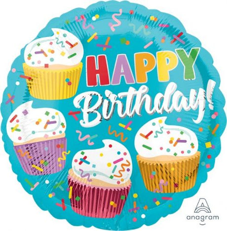 Vibrant 45cm cupcake-themed foil balloon with "Happy Birthday" text, perfect for festive birthday celebrations.