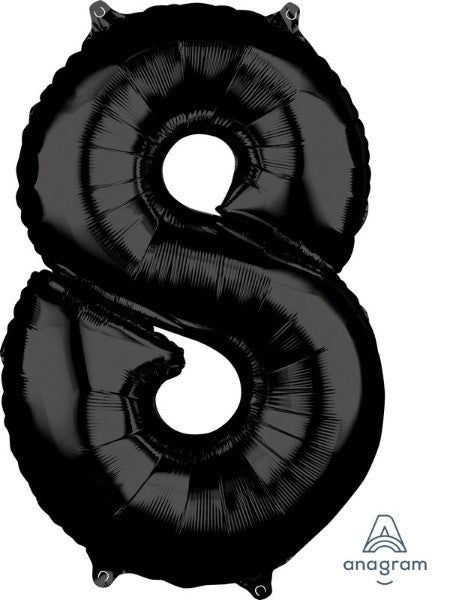 Mid-size black numeral 8 foil balloon, 66cm, perfect for elegant celebrations and versatile decor.