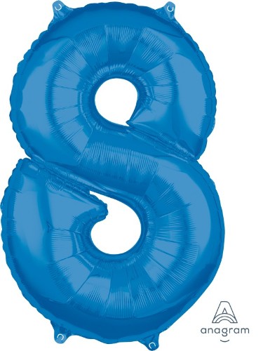 Vibrant blue mid-size numeral 8 balloon, perfect for birthdays and special events, adds elegance and fun to any celebration.