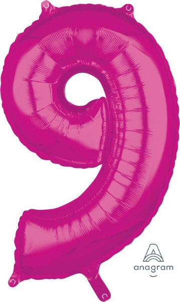 Mid-size pink foil balloon shaped like the numeral 9, perfect for birthdays and celebrations.